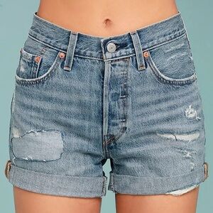 Levi's 501 Medium Wash Distressed Long Denim Shorts